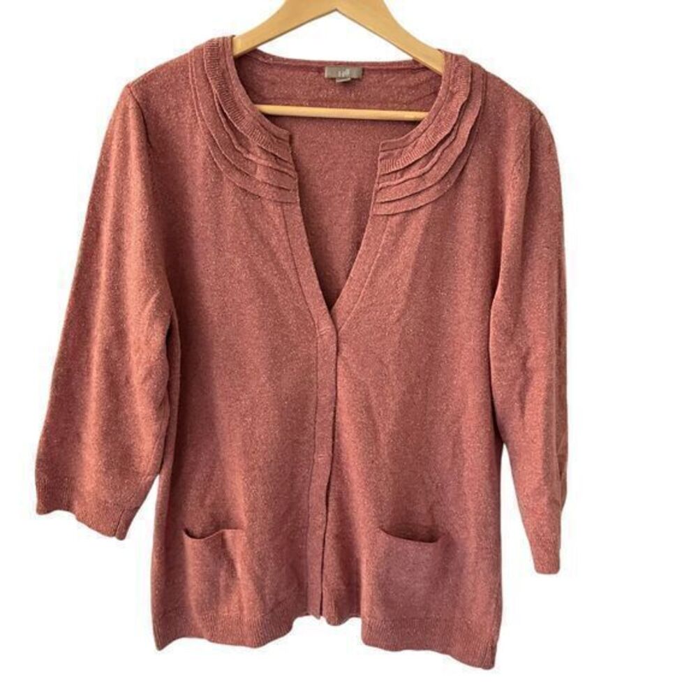 J. Jill Pink Mauve Silk Wool Blend Snap 3/4 Sleeve V-Neck Cardigan Size XL